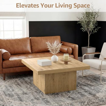 Light Walnut 35.5 Inch Square Coffee Table, Modern Organic Farmhouse Coffee Table for Living Room, Engineered Wood with Eco-Friendly Laminate Veneer Center Table, Block Base