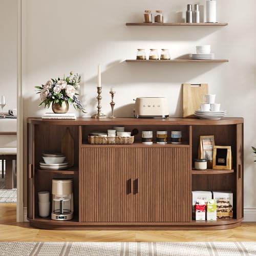 63" Sideboard Buffet Cabinet with Storage, Modern Fluted Credenza, Walnut, view 7