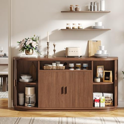 63" Sideboard Buffet Cabinet with Storage, Modern Fluted Credenza, Walnut, view 7