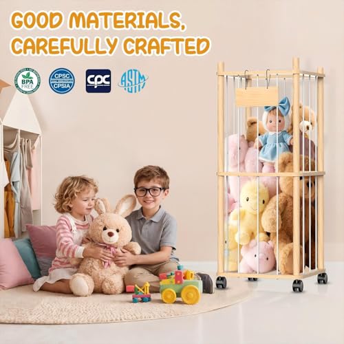 Stuffed Animal Storage Organizer, Wooden Plushies Toy Zoo Holder with Wheels, view 5