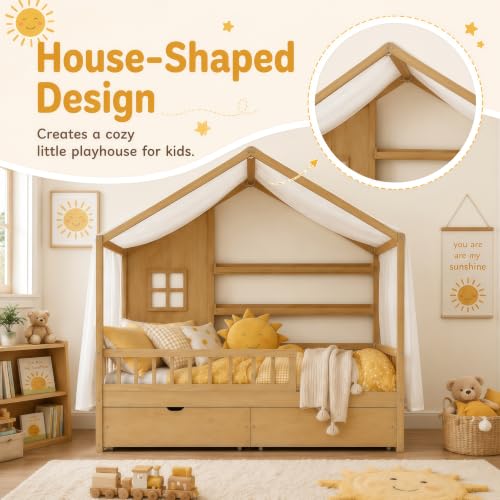 Twin House Bed for Kids with 2 Drawers & Canopy, Montessori Floor Bed with Rails, view 4