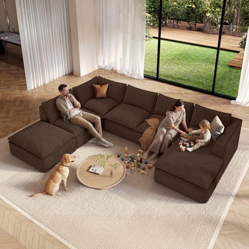 141.7" Oversized Boneless Sectional Couch, Modern 7 Seater Modular Sofa with Chaise & Ottoman, Deep Seat Corduroy Cloud Couches for Living Room, No Assembly Required, Dark Brown