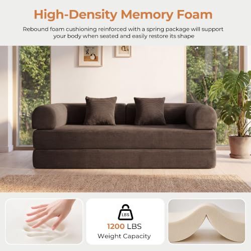79'' Convertible Sofa Bed, Folding Sleeper Couch with Pull Out Bed, Modular Floor Couch with Cushions, Corduroy Sofa for Apartment Living Room Bedroom Guest Room Use, No Assembly (Brown)