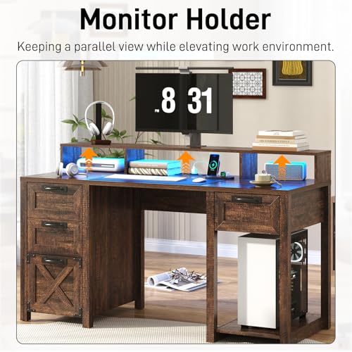 59" Farmhouse Computer Desk with 4 File Drawer & Power Outlet & Led Lights, view 4