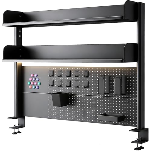 Clamp On Desk Pegboard Shelf - Metal Desktop Organizer Hutch with 2 Shelves, view 2