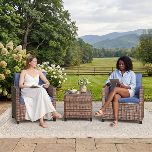 3 Pieces Patio Furniture Set, PE Rattan Patio Conversation Set with Tempered Glass Tabletop, Outdoor Wicker Chairs and Table Set for Patio Balcony Garden, Brown & Blue