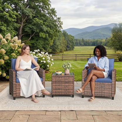 3 Pieces Patio Furniture Set, PE Rattan Patio Conversation Set with Tempered Glass Tabletop, Outdoor Wicker Chairs and Table Set for Patio Balcony Garden, Brown & Blue