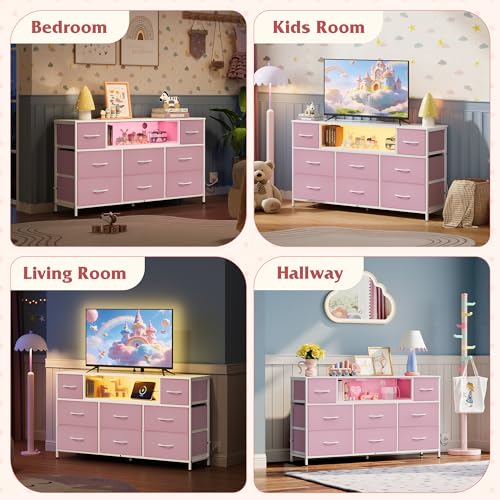 LED Dresser TV Stand for 55 Inch TV, 8 Fabric Drawers, Pink Dresser, view 4