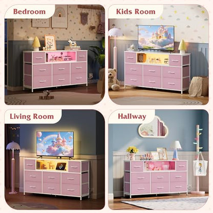 LED Dresser TV Stand for 55 Inch TV, 8 Fabric Drawers, Pink Dresser, view 4