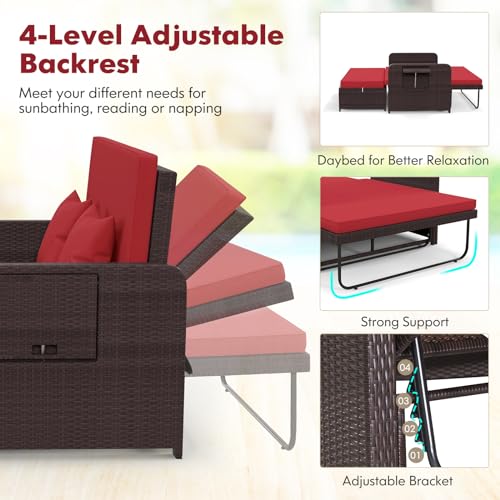 Moccha Outdoor Daybed, Wicker Loveseat Sofa Set with 4-Postion Adjustable Backrest, Storage Ottoman, Cushions, Rattan Double Bed Lounger, Patio Furniture Set (Red)