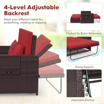 Moccha Outdoor Daybed, Wicker Loveseat Sofa Set with 4-Postion Adjustable Backrest, Storage Ottoman, Cushions, Rattan Double Bed Lounger, Patio Furniture Set (Red)