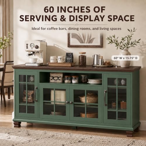 60-Inch Sideboard Buffet Cabinet with Glass Doors,Vintage Green, view 4