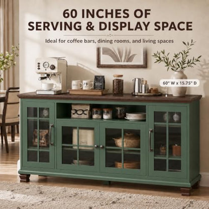60-Inch Sideboard Buffet Cabinet with Glass Doors,Vintage Green, view 4