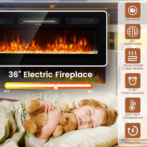 78" Fireplace TV Stand with Power Outlet for TVs UP to 90", Electric Fireplace Entertainment Center with LED Lights & Storage Cabinets, TV Console for Living Room, Office, Black-Black