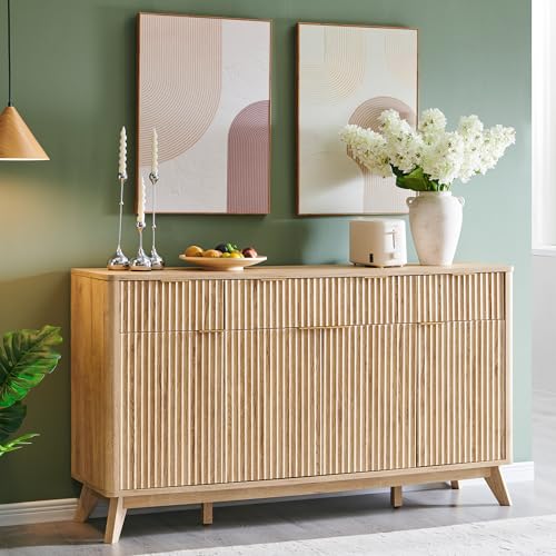 Fluted Storage Cabinet with Drawers, 60" Morden Buffet Sideboard Coffee Bar Cabinet with 4 Doors and 3 Drawers for Dining Room, Living Room,Hallway (Natural Oak)