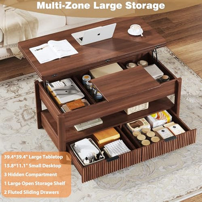 40" Lift Top Coffee Table, 4 in 1 Square Coffee Table with Storage Shelf & 2 Drawers, Modern Coffee Tables with Lift Tabletop, Converts to Dining Table for Living Room, Home Office, Walnut