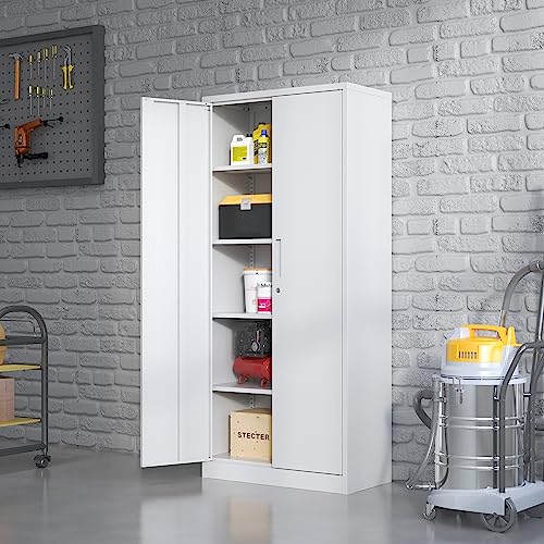 Metal Storage Cabinet with Adjustable Shelves, Garage Tool Cabinet with 2 Lockable Doors for Office, Home, Garage, Require Assembly, White
