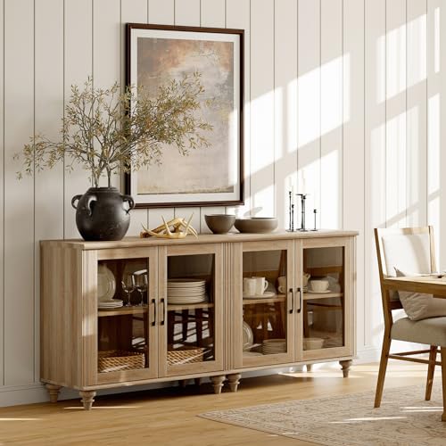 Farmhouse TV Stand for 75 inch TV with 4 Glass Doors, Wood Universal TV Stand with 4 Storage Cabinets, Oak Entertainment Center TV Console Table for Living Room, Bedroom
