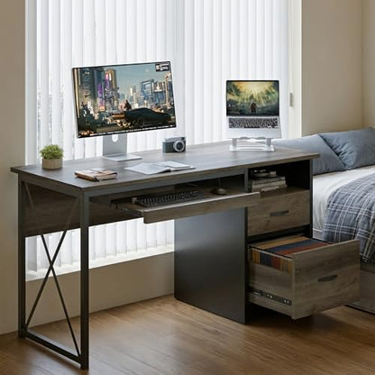 Office Desk with Drawers, 55 inch Industrial Computer Desk with Storage, Wood Teacher Desk with Keyboard Tray & File Drawer for Home Office, Dark Gray Oak