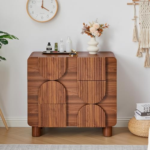 3 Drawer Dresser, Modern Fluted Wood Chest of Drawers, 31.5" Wide Walnut Nightstand with Anti-Tip Device, Curved Storage Cabinet for Bedroom, Living Room, Entryway