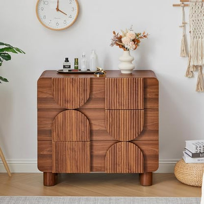 3 Drawer Dresser, Modern Fluted Wood Chest of Drawers, 31.5" Wide Walnut Nightstand with Anti-Tip Device, Curved Storage Cabinet for Bedroom, Living Room, Entryway