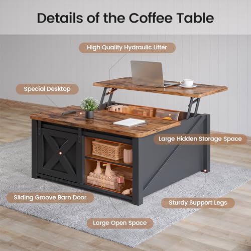 31.5" Lift Top Coffee Table with Storage, Square Coffee Tables for Living Room, Farmhouse Coffee Table with Large Hidden Storage Compartment and Adjustable Shelves, Black