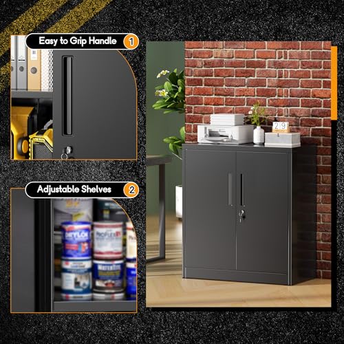 36" H x 32" W x 16" D Black Metal Storage Cabinet with 2 Locking Doors and 2 Adjustable Shelves, Ideal for Home Office, Garage