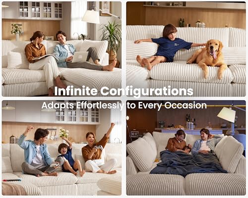 154" Oversized Corduroy Couch Modular Sectional Sofa, Washable Cloud Couch Sectional with 2 Ottoman, 8 Seater Sectional Couches for Living Room, Fully Cover Removable, Corduroy, White