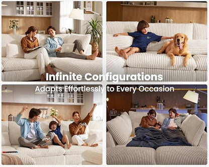 154" Oversized Corduroy Couch Modular Sectional Sofa, Washable Cloud Couch Sectional with 2 Ottoman, 8 Seater Sectional Couches for Living Room, Fully Cover Removable, Corduroy, White
