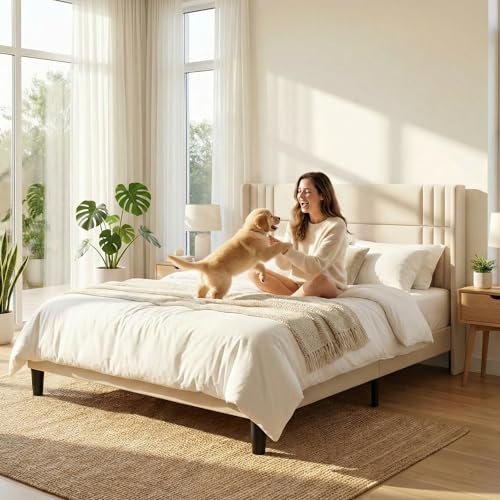 King Bed Frame with Wingback Headboard, Upholstered Platform Bed, view 4