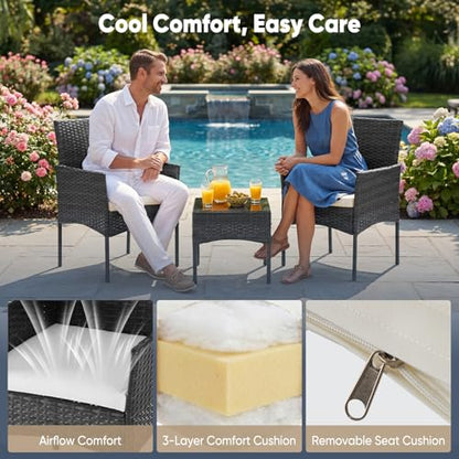 3-Piece Patio Furniture Set, All-Weather Outdoor Wicker Chairs with Removable Cushions & Tempered Glass Table, Small Bistro Set for Porch, Balcony, Lawn, Backyard, Black