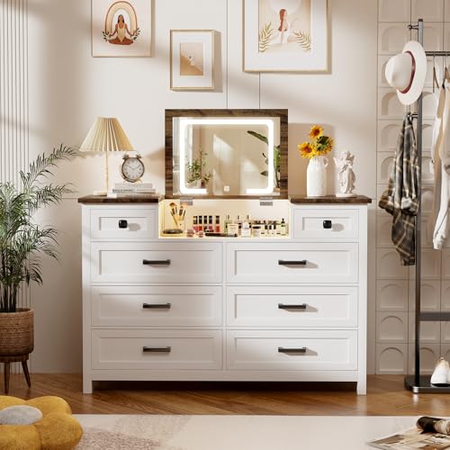 Dresser with LED Mirror, 8 Drawers, Farmhouse, for Bedroom, White, view 4