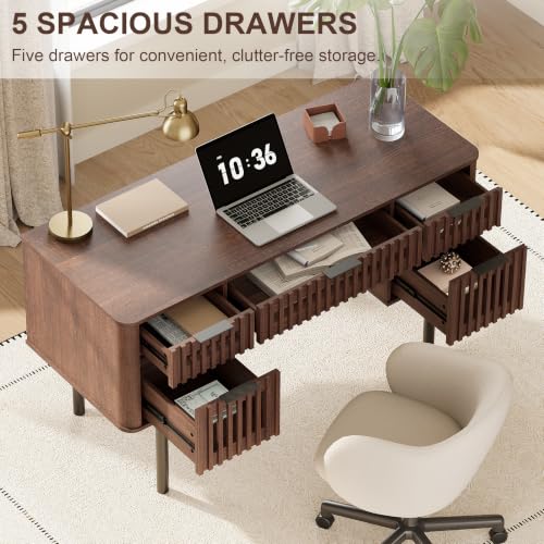 Fluted Executive Desk with Drawers, 54" Modern Writing Desk, Walnut, view 4