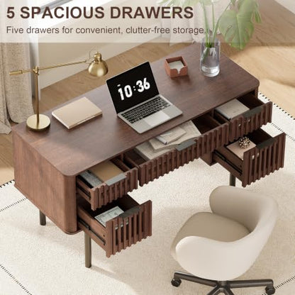 Fluted Executive Desk with Drawers, 54" Modern Writing Desk, Walnut, view 4