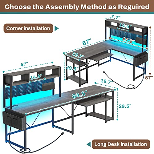 L Shaped Desk, 94.5 Inch Home Office Desk with Power Outlet & Pegboard, L Shaped Gaming Desk with LED Light, Keyboard Tray, Storage Shelves and Headphone Hook for Home Office, Grey