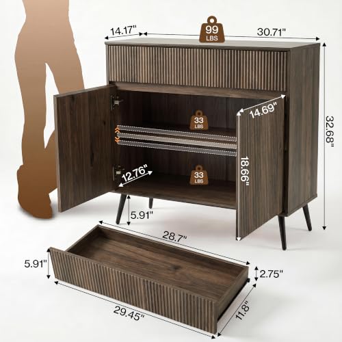 92" Large Fluted Sideboard Buffet Cabinet, Walnut., view 3