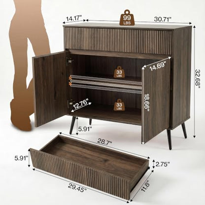 92" Large Fluted Sideboard Buffet Cabinet, Walnut., view 3