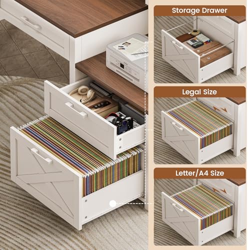 Farmhouse Home Office Desk with File Drawer & Power Outlet, Computer Desk with 4 Drawer, Storage Shelves, Printer Cabinet and Monitor Shelf, Gaming Desk with Led Lights, White Brown