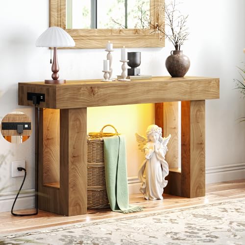 47" Entryway Table with Socket and Sensor Light, Narrow Console Table with Storage Behind Couch, Farmhouse Entry Way Tables with Open Storage for Entrance/Hallway/Living Room, Natural Oak