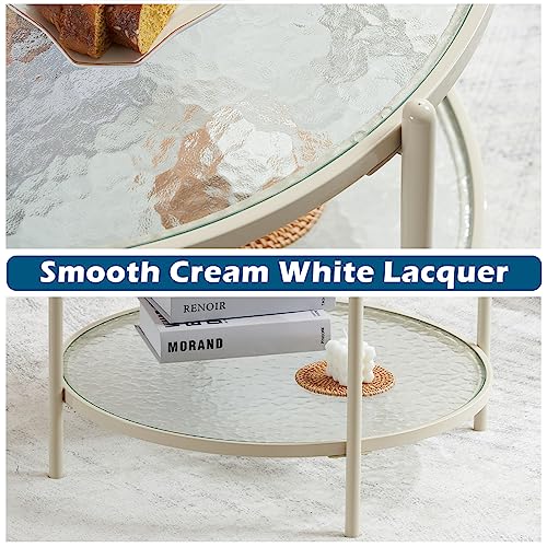 25.6" Small Cream White Round Coffee Table Water-Wave Glass Circle Clear Coffee Table, Center Table with 2-Tier Modern Storage Design for Living Room, Bedroom, Meeting Room, Balcony, Beige