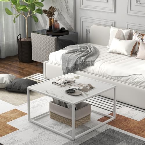 Square Coffee Table with Faux Marble Tabletop & Steel Frame, Center Cocktail Table, Accent Living Room Furniture, Low Bedside Table, Easy Assembly (White)