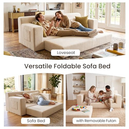 71" Boneless Loveseat Couch,Chenille Pullout Futon Couch,4 in 1 Folding 3 Seater Sofa Bed for Living Room,Boneless Cloud Couch with Storage Pocket & 2 Pillows,Beige