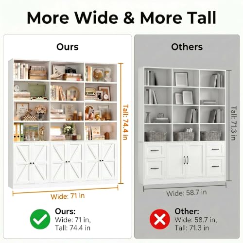 75" Triple Wide Bookshelf, White Bookshelf and Bookcase with 6 Farmhouse Doors, 71" Wide 6 Tier Book Shelf with 18 Storage Shelves, Large Wooden Bookshelves, Tall Bookcase for Office, White
