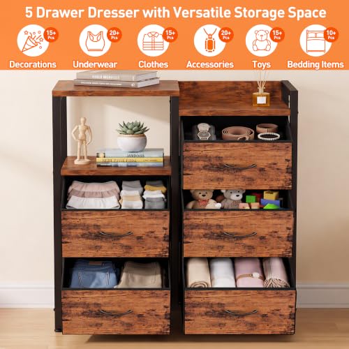 Rustic Brown Dressers for Bedroom, 5 Drawer Dresser for Closet, view 5