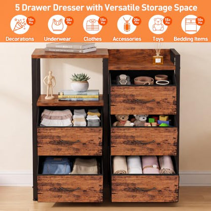 Rustic Brown Dressers for Bedroom, 5 Drawer Dresser for Closet, view 5