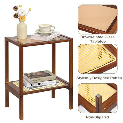2-Tier Bamboo Side Table, Modern Glasstop Rattan Side Table, Mid Century Wood Sofa-Side End Tables for Living Room, Bedroom Night Stand with Storage, Small Narrow Coffee Tables, Walnut