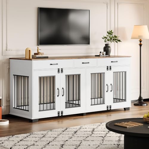 71'' Large Dog Crate for 2 Dogs, Dog Crate with 3 Drawer, White, view 8