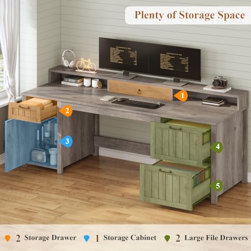 Farmhouse 63" Executive Desk, Wood Computer Desk with Drawers and Storage Cabinet, Home Office Desk with File Drawer and Monitor Stand, Wood Desk for Work Study Writing, Grey