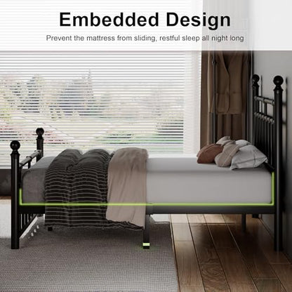 Full Size Metal Platform Bed Frame with Victorian Classic Iron-Art Headboard, view 7