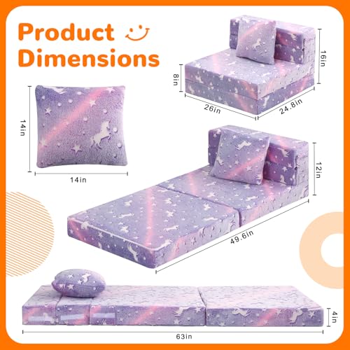 Foldable Futon Chair Bed for Kids, Glow Tri-Fold Sofa Bed Convertible Toddler Sofa Mattress, Foam Floor Couch for Sitting, Purple
